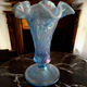 7" Fenton Art Glass Misty Blue Satin Opalescent Iridescent Daffodil Footed Flower Vase