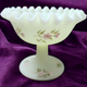 5" Fenton Pink Blossoms On Frosted Yellow Satin Milkglass Round Compote