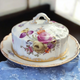 Dresden Flowers Bouquet Gold Trim Scalloped Butter Dish with Drain Plate and Lid