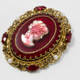 West Germany Red Glass Cameo Brooch and Clip On Earrings, Faux Pearls, Goldtone