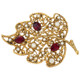 Florenza Ruby Crystal and Faux Pearl Filigree Leaf Pin Brooch in Gold