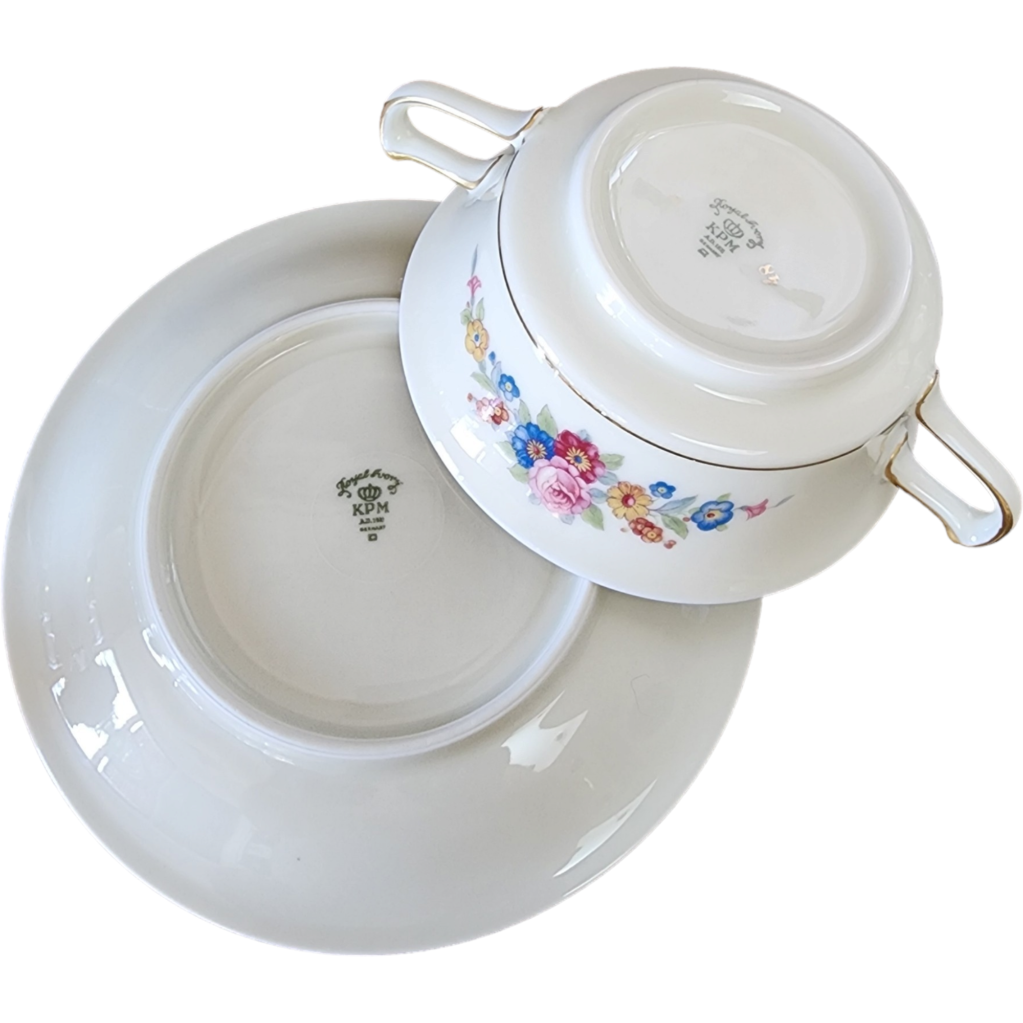 Royal Ivory Queens Rose Gold Scroll Footed Cream Soup Bowl & Saucer Set