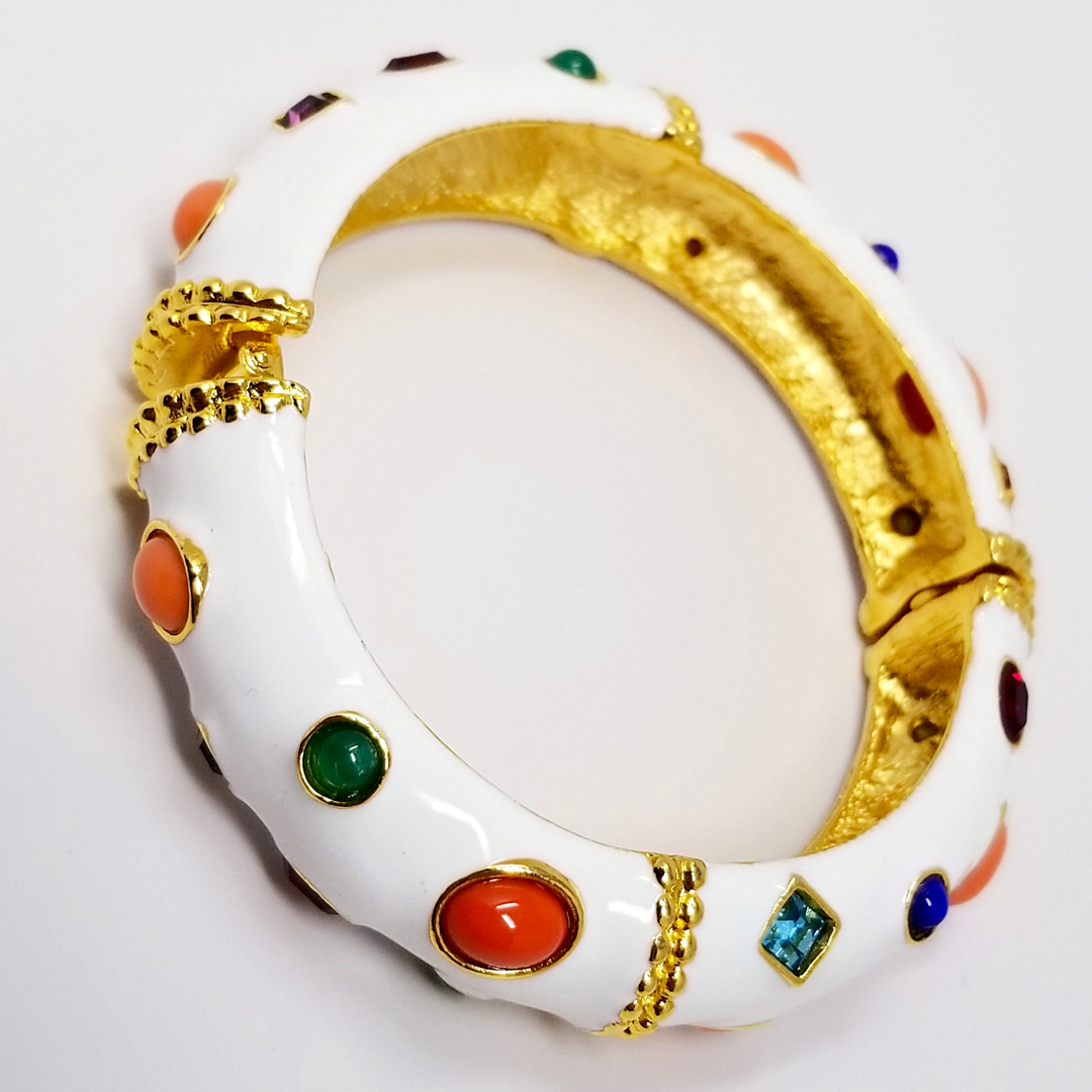 Jay Lane KJL Jeweled White Enamel Bangle Bracelet Vintage Loft