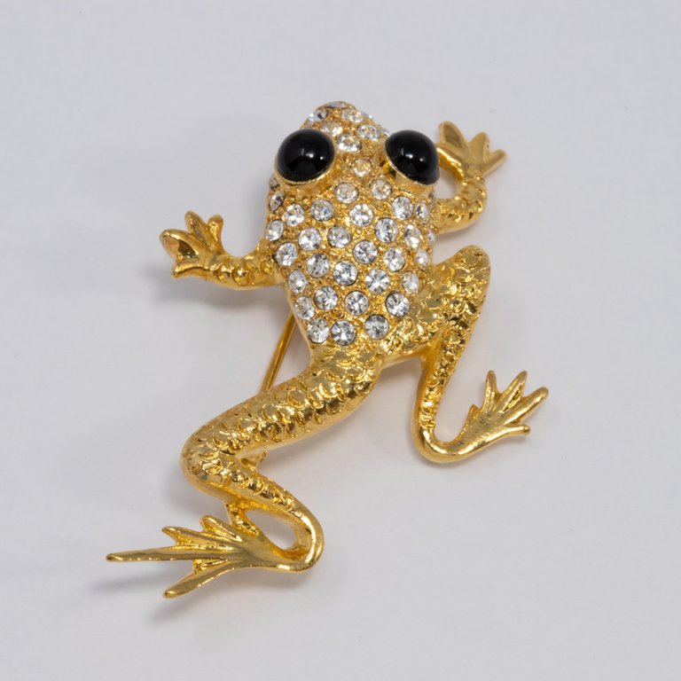 Oscar de la Renta Gold Frog Pin Brooch with Pave Clear Crystals, Black ...