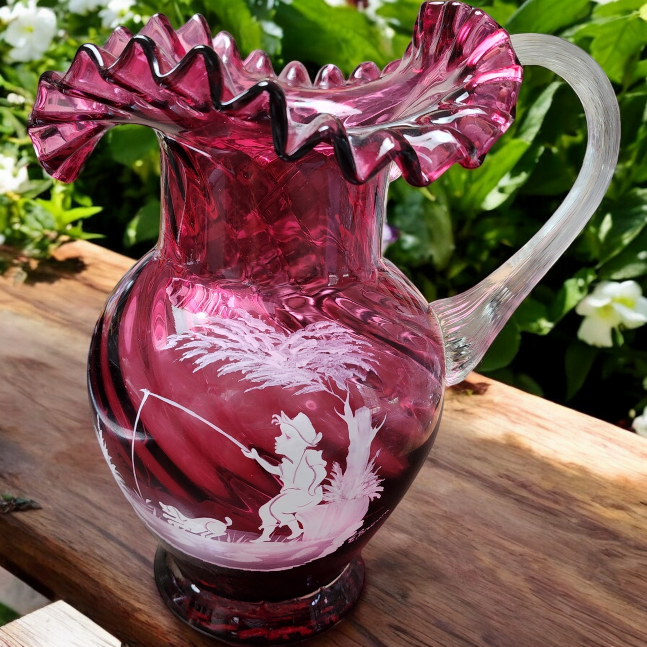 Fenton Cranberry Glass Hand-Painted Mary Gregory Ruffled Rim