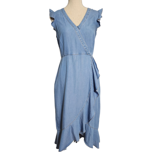 denim ruffle wrap dress MAIN ONE DENIM RUFFLE MAXI DRESS  AKIRA