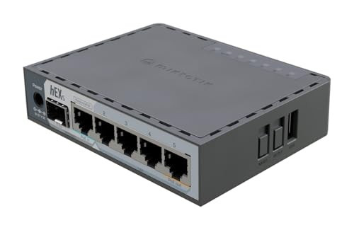 MikroTik hEX S (2025) E60iUGS A compact, affordable wired router featuring a 2.5G SFP port, 5x Gigabit Ethernet, PoE out, USB, and a fast dual-core CPU