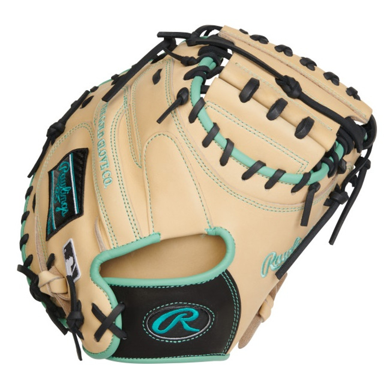 A detailed view of the custom Rawlings baseball glove worn by