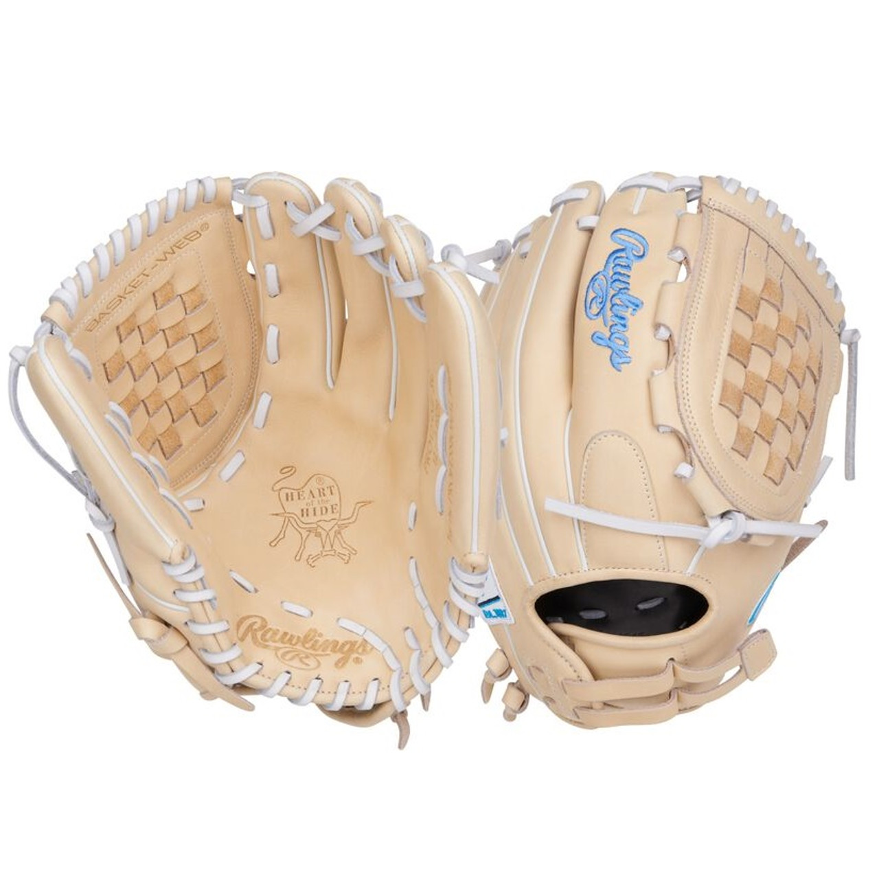 Rawlings Heart of The Hide Fastpitch Softball Glove Right Hand Throw 12.5  Basket Web Camel Columbia Blue White