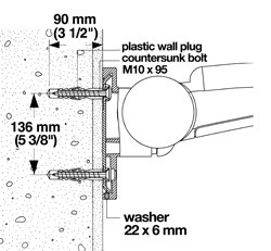 Fasteners, for swing-up grab bars and seats, mounted to concrete wall