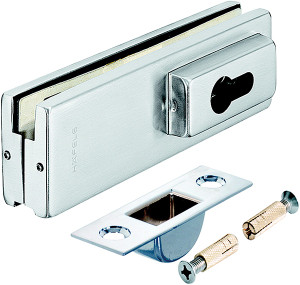 Corner Door Patch Lock, for euro profile cylinder, for 10-12.7mm thick glass, matte stainless steel cover, 162 x 51mm