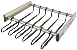 Synergy Pants Rack, aluminum, nickel-plated matt, 18" width, pulls out with full extension slides, 12 black hangers included