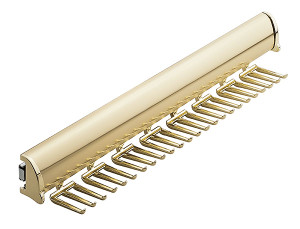 Synergy Elite Tie Rack with full extension slide, aluminum with zinc hooks, brass polished, zinc, 17 7/8" length Synergy Elite Tie Rack with full extension slide, aluminum with zinc hooks, brass polished, zinc, 17 7/8" length