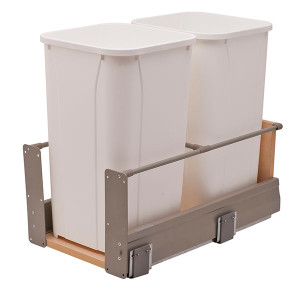 Moovit Trash Can, single, bottom mount, steel, metallic white, with 2 27 quart trash bins Moovit Trash Can, single, bottom mount, steel, metallic white, with 2 27 quart trash bins