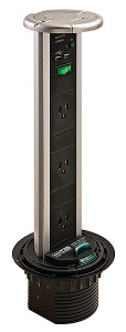 Sensiopod, vertical, powerdock, three outlets, two USBs, IP54 rated, plastic, black & aluminum, black top Sensiopod, vertical, powerdock, three outlets, two USBs, IP54 rated, plastic, black & aluminum, black top