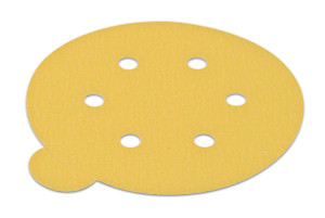 PSA disc, 6", 6 holes, aluminum oxide, gold, 220 grit, paper with tabs, 100 per package PSA disc, 6", 6 holes, aluminum oxide, gold, 220 grit, paper with tabs, 100 per package