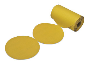 PSA disc, 6", no holes, aluminum oxide, gold, 220 grit, resin paper, 100 per roll PSA disc, 6", no holes, aluminum oxide, gold, 220 grit, resin paper, 100 per roll