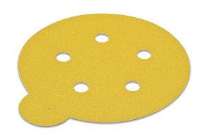 PSA disc, 5", 5 holes, aluminum oxide, gold, 180 grit, paper with tabs, 100 per package PSA disc, 5", 5 holes, aluminum oxide, gold, 180 grit, paper with tabs, 100 per package