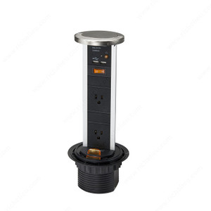 Richelieu 2-Plug Pop-Up Power Bar, Finish Satin Nickel, Features USB / Power Receptical Richelieu 2-Plug Pop-Up Power Bar, Finish Satin Nickel, Features USB / Power Receptical