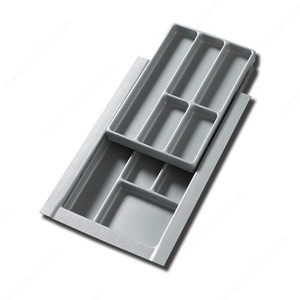 Double-Tiered Cutlery Tray, Width 11 1/2 to 13 3/4 in, Depth 18 to 21 1/2 in, Finish Silver Grey