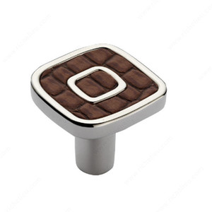 Contemporary Metal and Leather Knob - 6430, Finish Polished Nickel / Cinnamon Contemporary Metal and Leather Knob - 6430, Finish Polished Nickel / Cinnamon