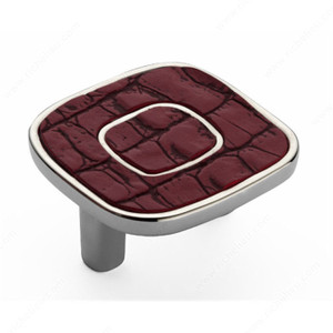 Contemporary Metal and Leather Knob - 6432, Finish Polished Nickel / Grape Contemporary Metal and Leather Knob - 6432, Finish Polished Nickel / Grape