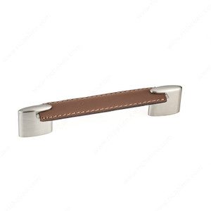 Contemporary Metal and Leather Pull - 745, Center to Center 128 mm, Finish Brown Leather / Brushed Nickel Contemporary Metal and Leather Pull - 745, Center to Center 128 mm, Finish Brown Leather / Brushed Nickel