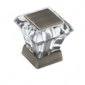 Eclectic Acrylic & Zinc Square Knob - 29460, Finish Glass / Caramel Bronze / Glass / Antique Silver, Diameter 1 in Eclectic Acrylic & Zinc Square Knob - 29460, Finish Glass / Caramel Bronze / Glass / Antique Silver, Diameter 1 in