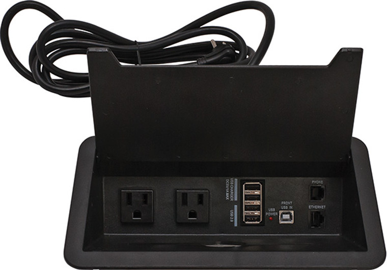 Power/Data Center, under mount, 2 power, 4 USB and 2 data ports, plastic, black