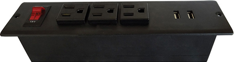 Power/Data Center, surface mounted, 3 power, 2 USB charging ports, plastic, black