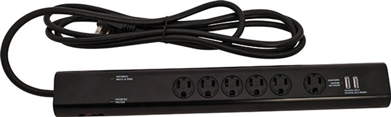 Power Strip, 6 outlet, 2 USB charging ports, 10' power cord, plastic, black