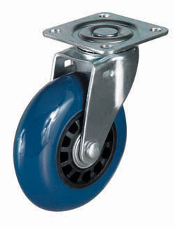 Caster, swivel, mounting plate, plastic, steel, blue, 75mm