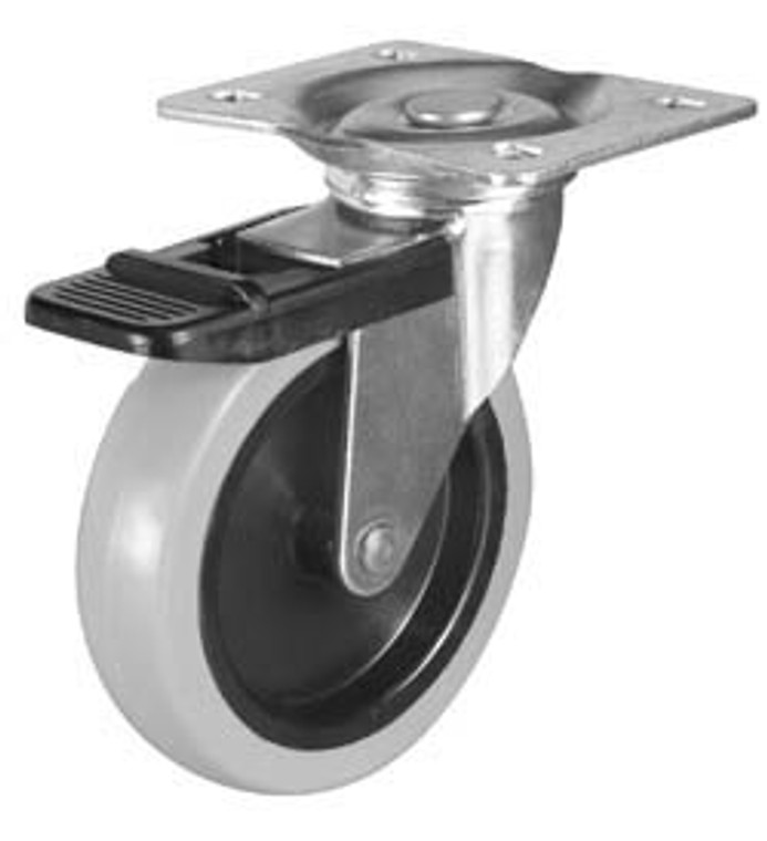 Caster, swivel, with brake, mounting plate, steel, gray, 75mm