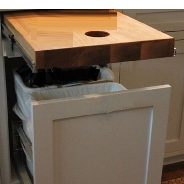 Custom made any size, Single Complete cabinet with Pull Out Butcherblock drawer cutting board "TRashpull", and Pull Out Trash Garbage Can System, Choose your Butcher block Material and cabinet Size-Home Depot Stock