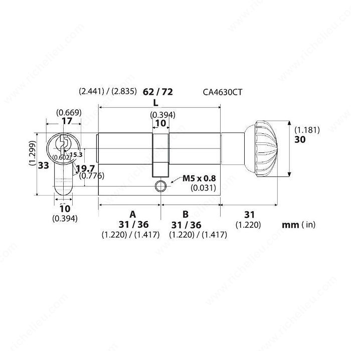 European Double Cylinder / Turnpiece, Size 62 mm - California, Finish PVD Polished Nickel