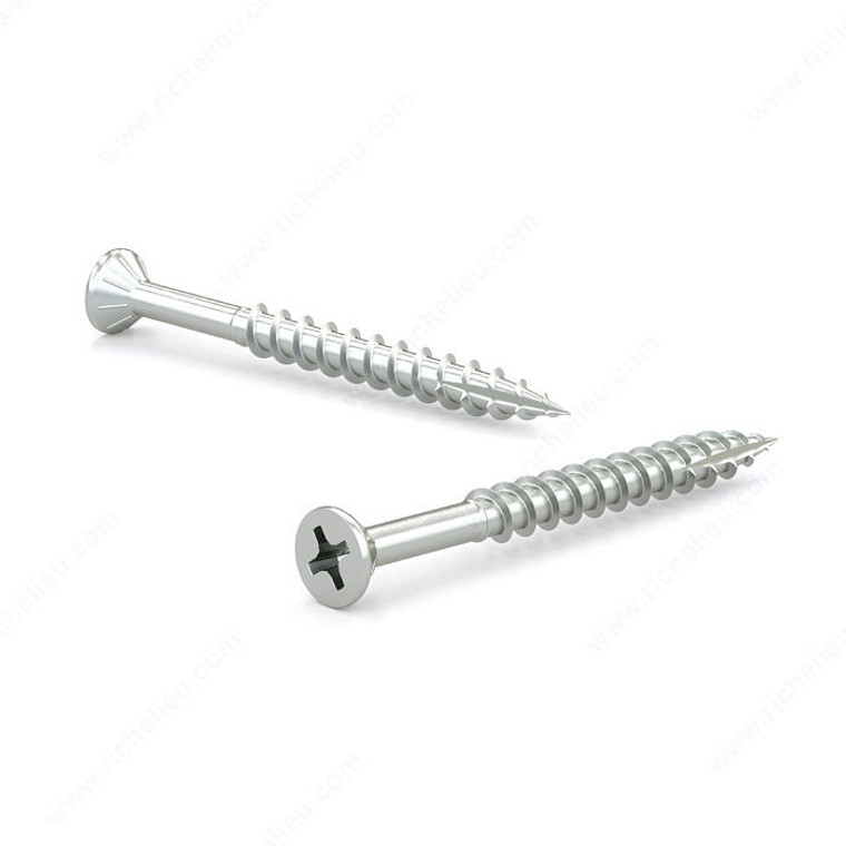 Zinc-Plated Wood Screw, Flat Head With Nibs, Phillips Drive, Coarse Thread, Type 17 Point, Zinc plated, self- tapping, self- drilling screw, Length 1 1/2 in