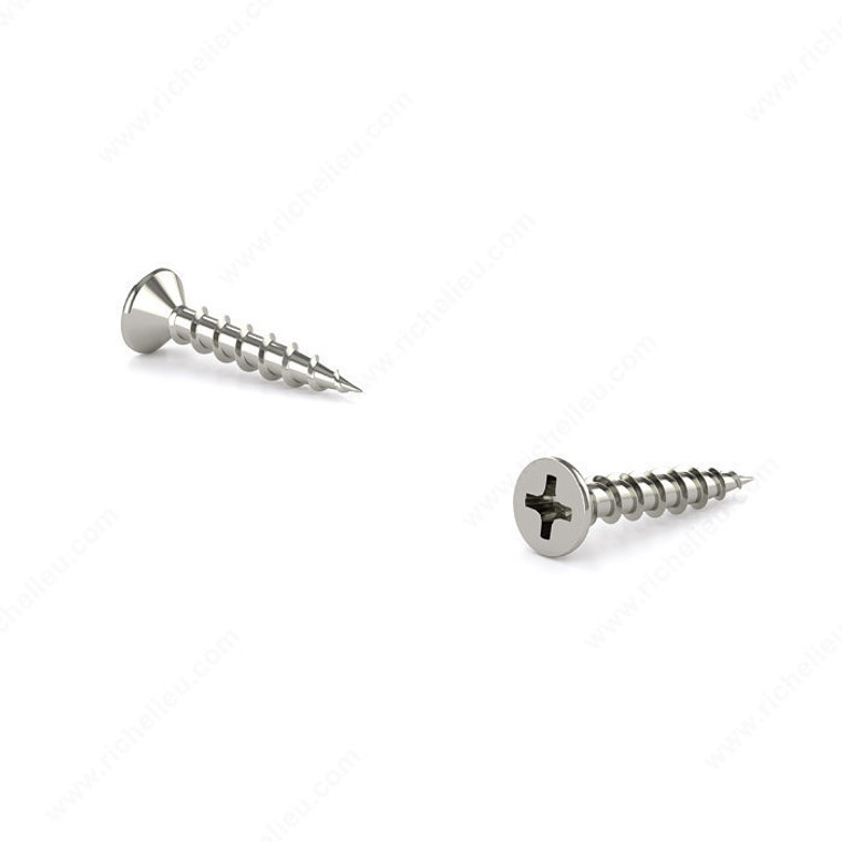 Nickel Plated #374 Wood Screw, Flat Head, Phillips Drive,1pc Coarse Thread, Screws with various metal finishes for hinges and slides, Screw Size 6, Length 5/8 in, Finish Nickel, Head Size no. 6