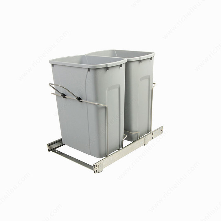 Double Bin Recycling Center with Handle, Soft- close technology., Total Capacity 70 qt, Finish Platinum, Bin Capacity 2 x 35 quarts