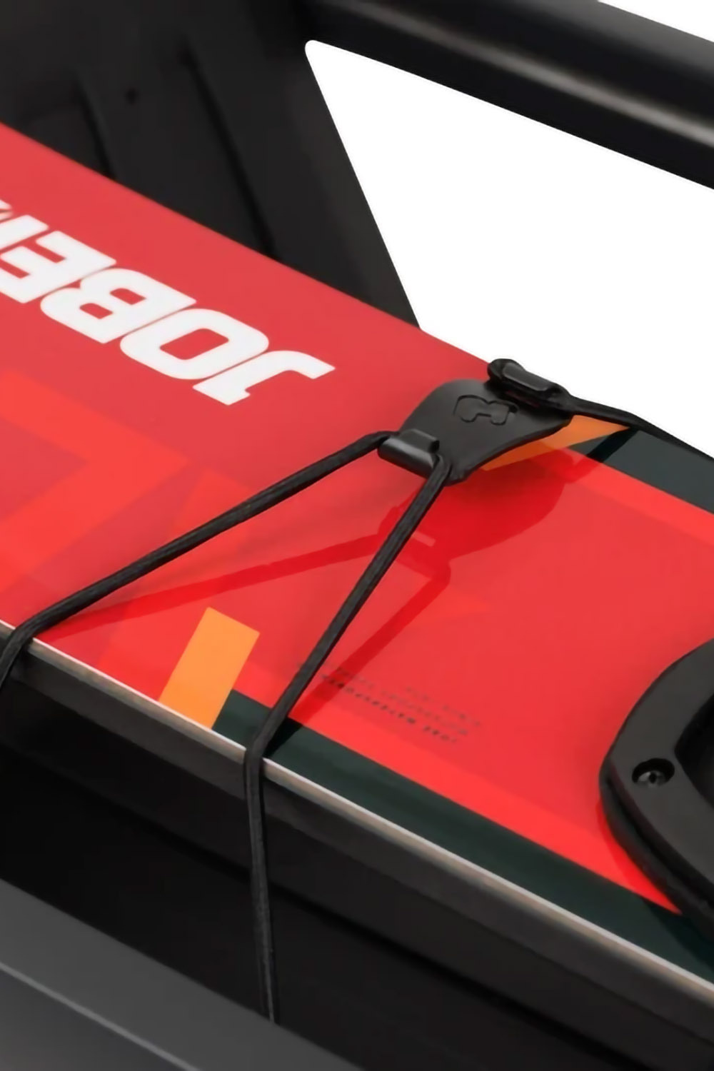 Close-up of a snowboard secured inside the Hamax Venture trailer with an elastic strap