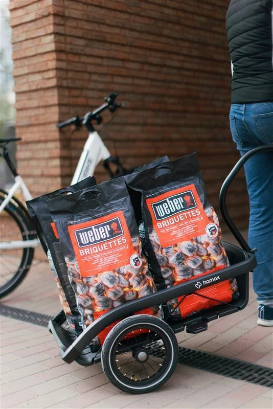 Hamax bike trailer loaded with Weber Briquettes charcoal bags next to a white bicycle against a brick wall