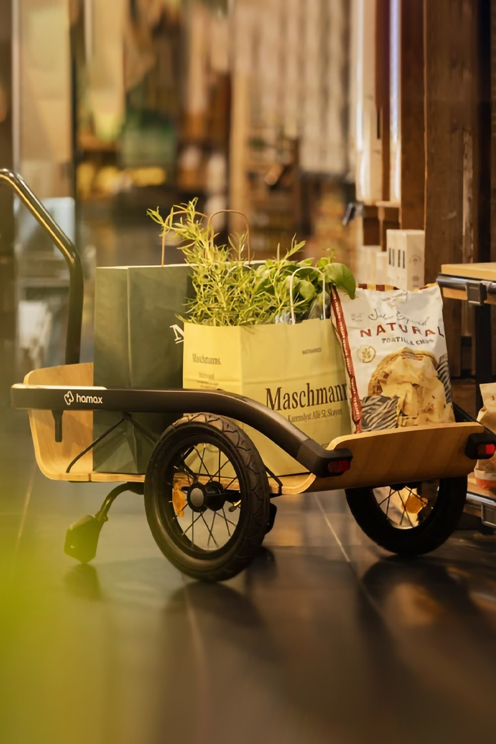 Hamax Venture trailer used as a shopping cart filled with grocery bags