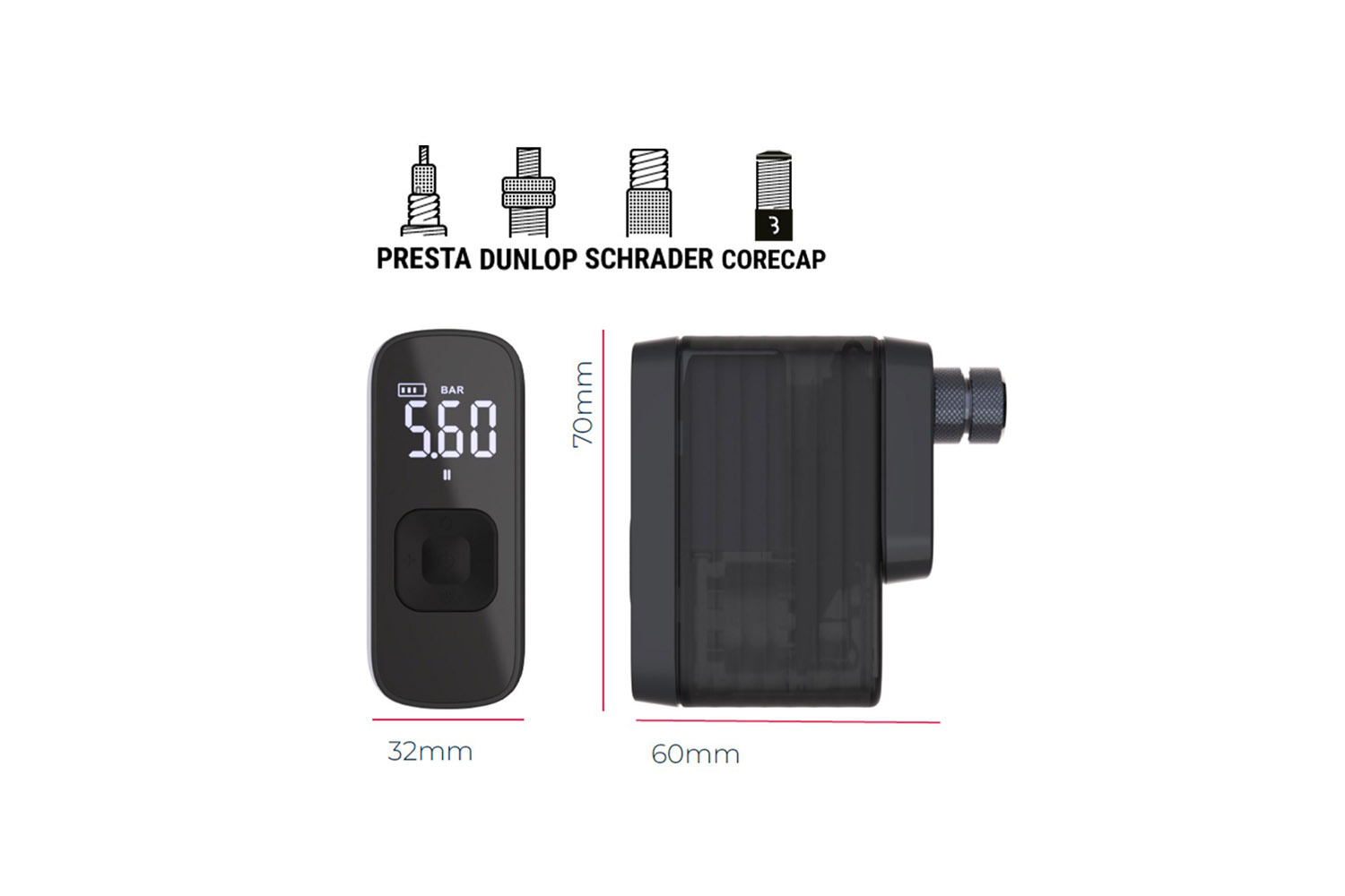 BBB Cycling BarBank electric bike pump with digital pressure display, showing compact dimensions of 70mm x 60mm x 32mm and compatibility with Presta, Dunlop, Schrader, and CoreCap valves.