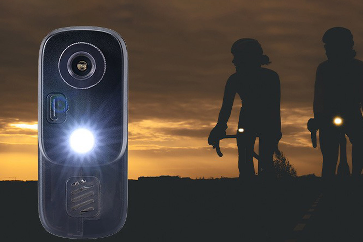 BBB Cycling BarBank electric bike pump with integrated LED light illuminated against a sunset backdrop with two cyclists riding in the distance. 