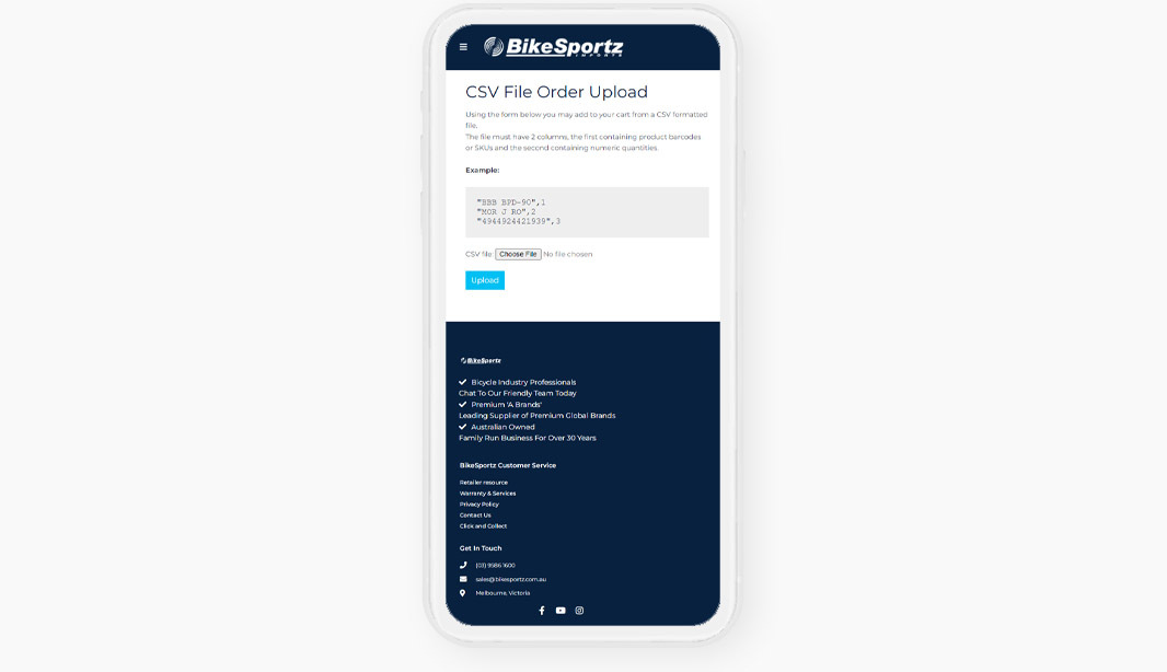 Screenshot of CSV file order upload  page