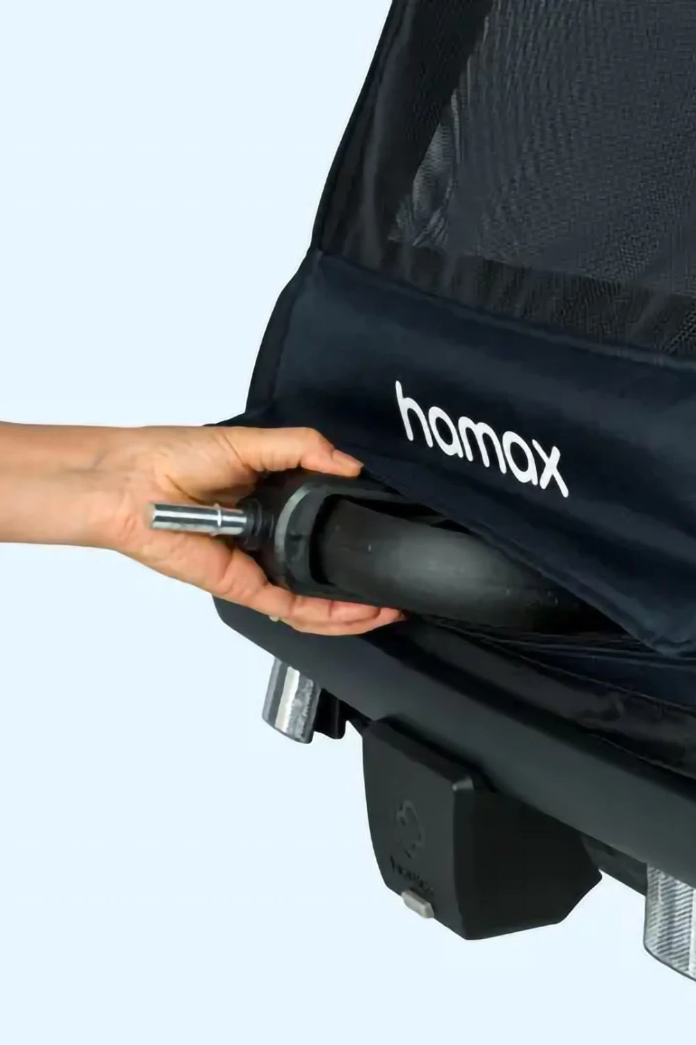 Hamax Pluto L front storage pocket open showing bike arm stowed inside