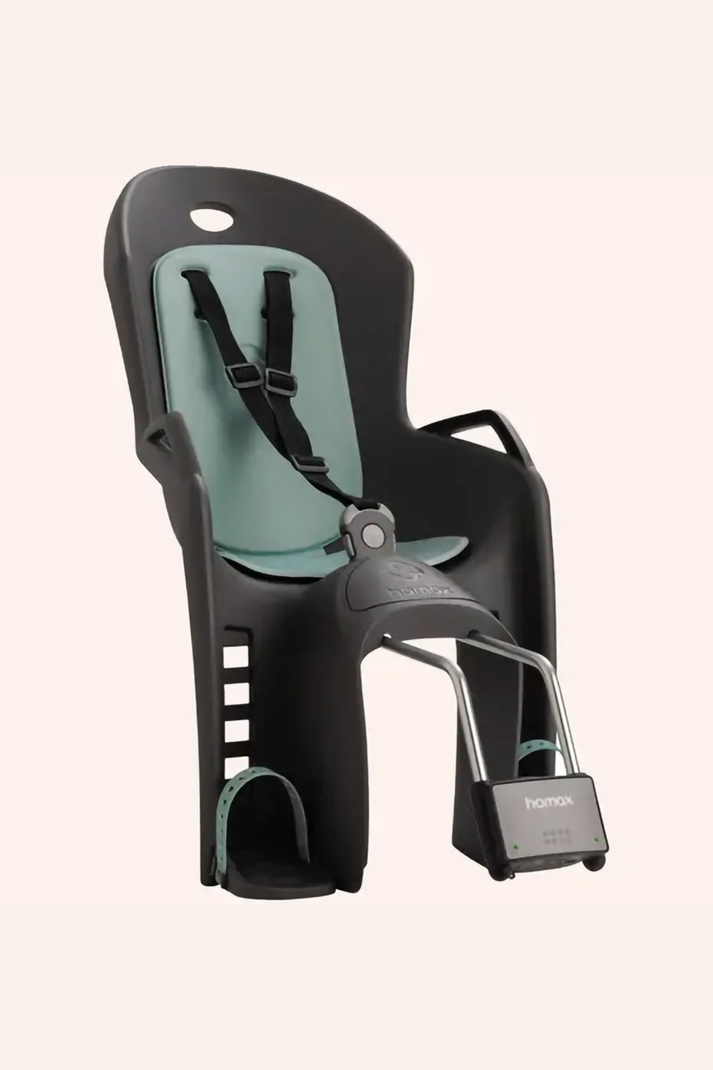 Hamax Amiga frame-mounted seat showing adjustable harness height and footrest positions
