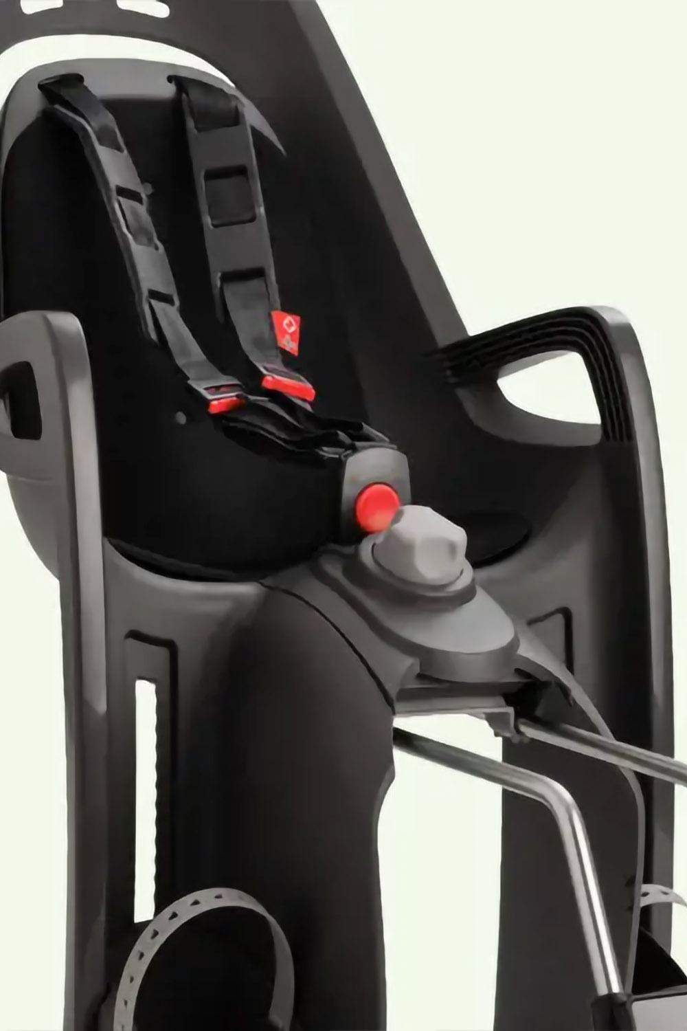 Hamax Zenith Relax frame-mounted seat showing adjustable harness height and footrest positions growing with the child