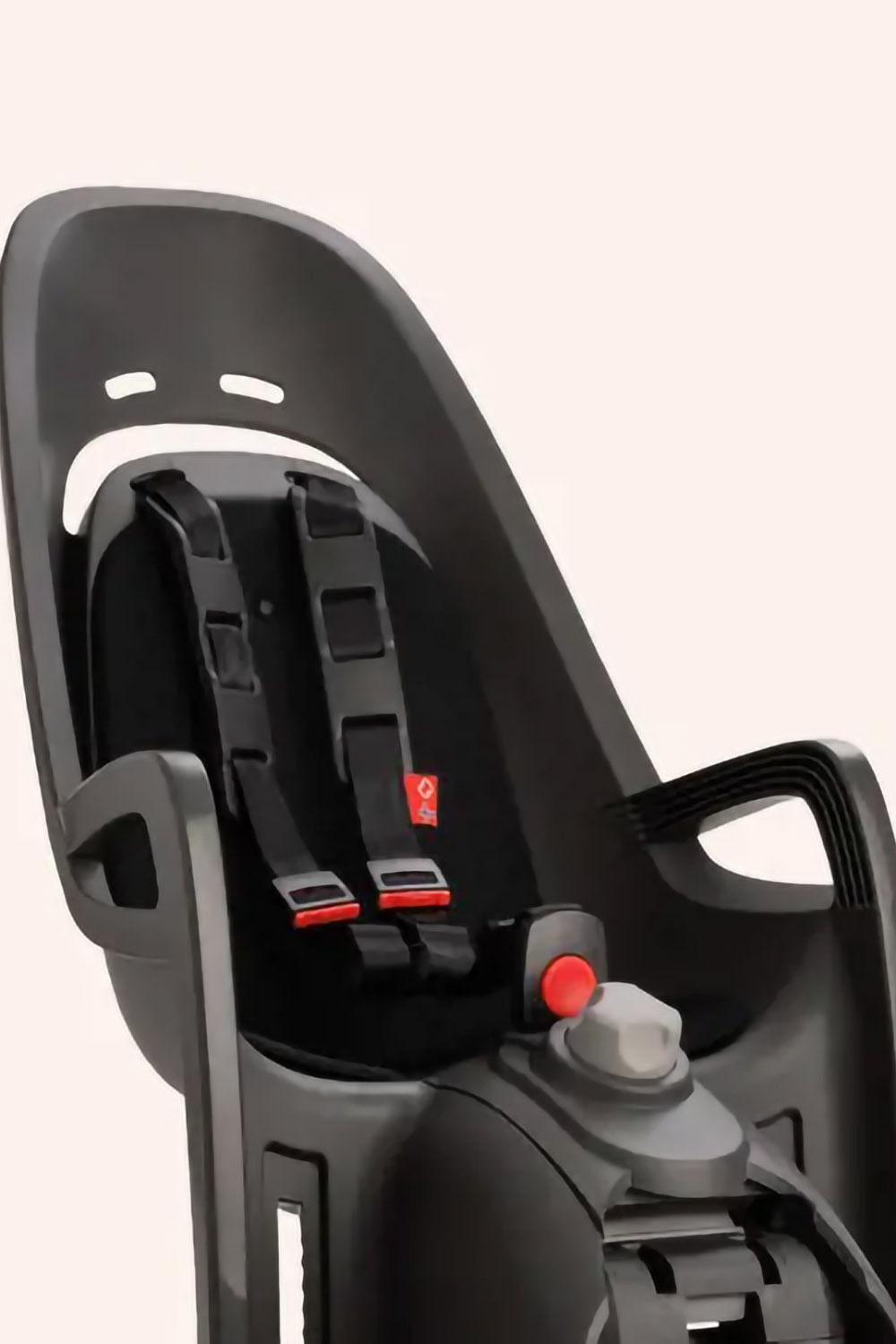 Close-up of Hamax Zenith Relax rack-mounted seat showing one-hand operated 12.5-degree recline knob
