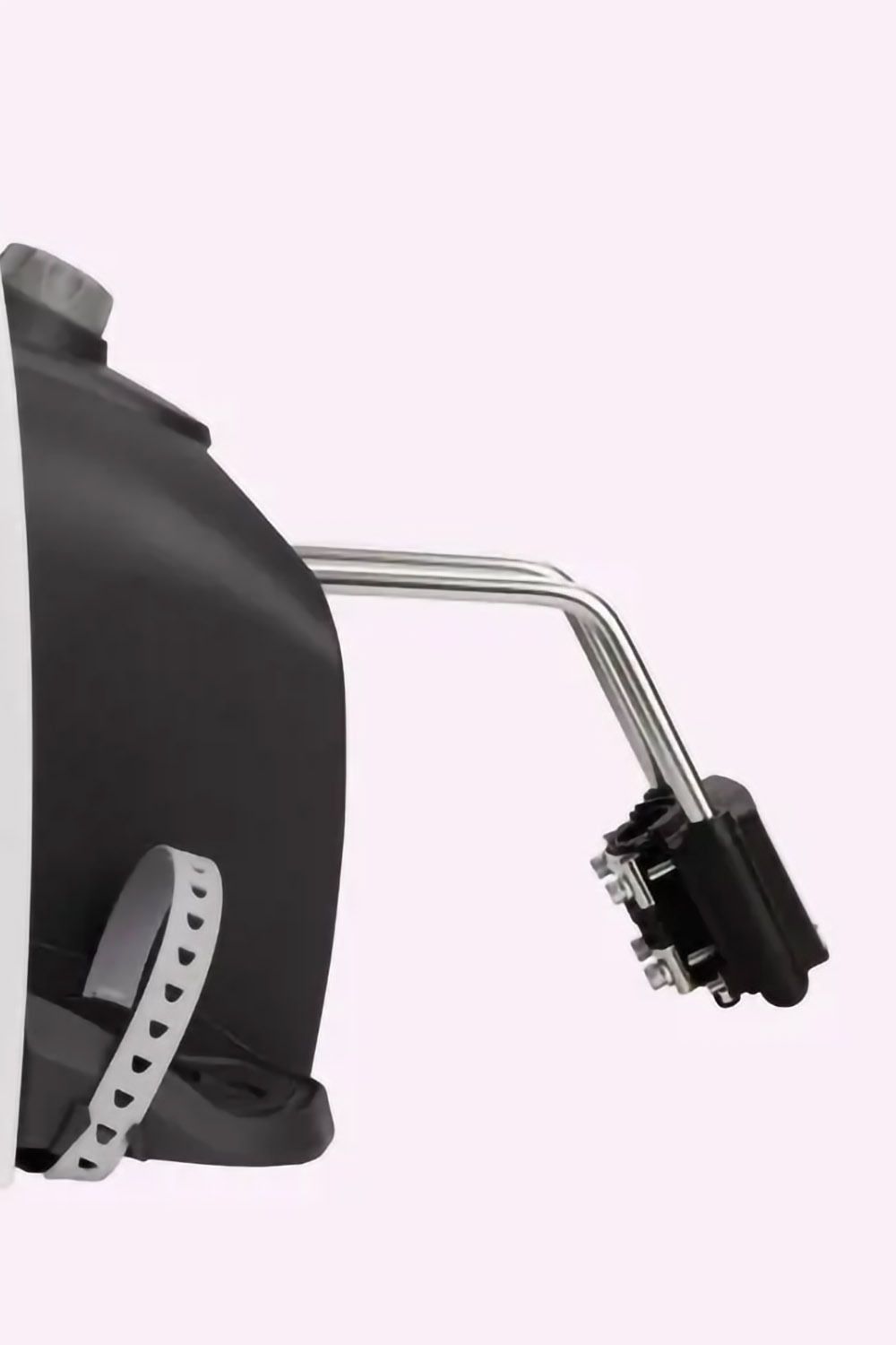 Close-up of Hamax Caress frame-mounted bike seat showing dual-bar steel suspension system for spine protection