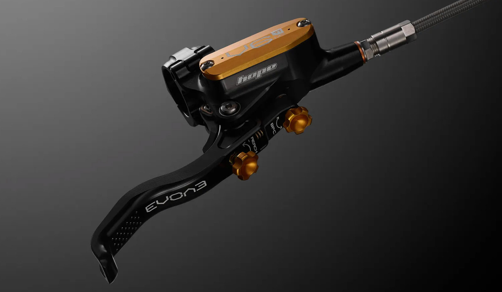 Hope EVO master cylinder and brake lever in black and gold Mono Edition colourway with braided hose